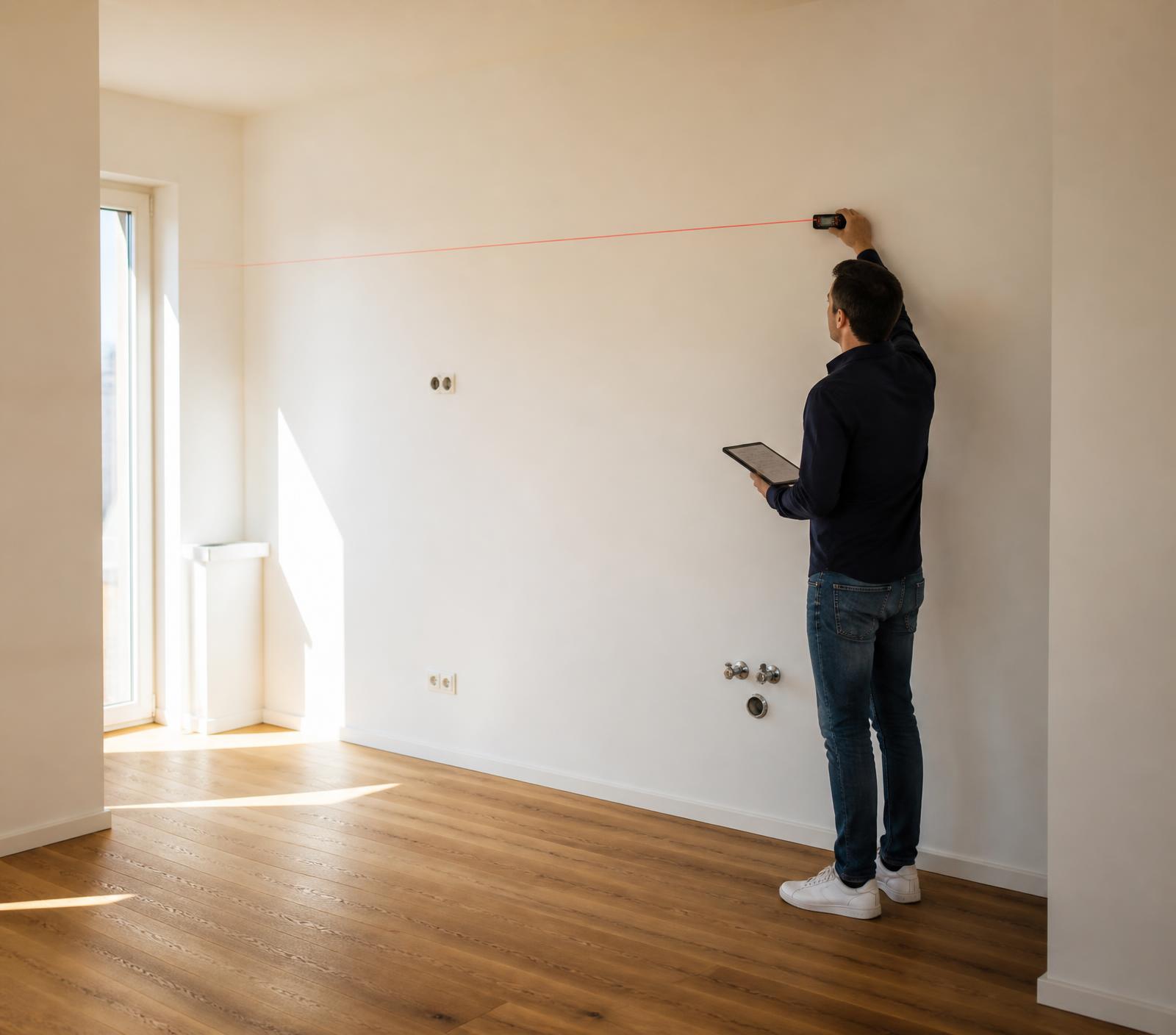 Küchenplaner misst eine Wand in einem hellen Raum aus, in dem die neue Küche entsteht